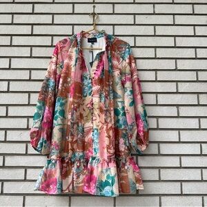 NWT The Sang Patchwork Floral Drop Waist Button Front Mini Dress Pink M